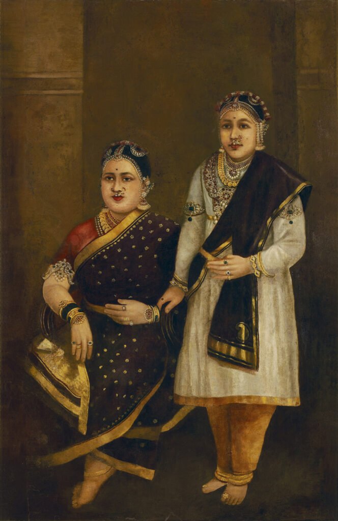 Raja Ravi Varma: H.H. Janaki Subbamma Bai Sahib Rani of Pudukkottai & her daughter, Circa 1886, Oil on canvas, 60.5 x 38.5 in